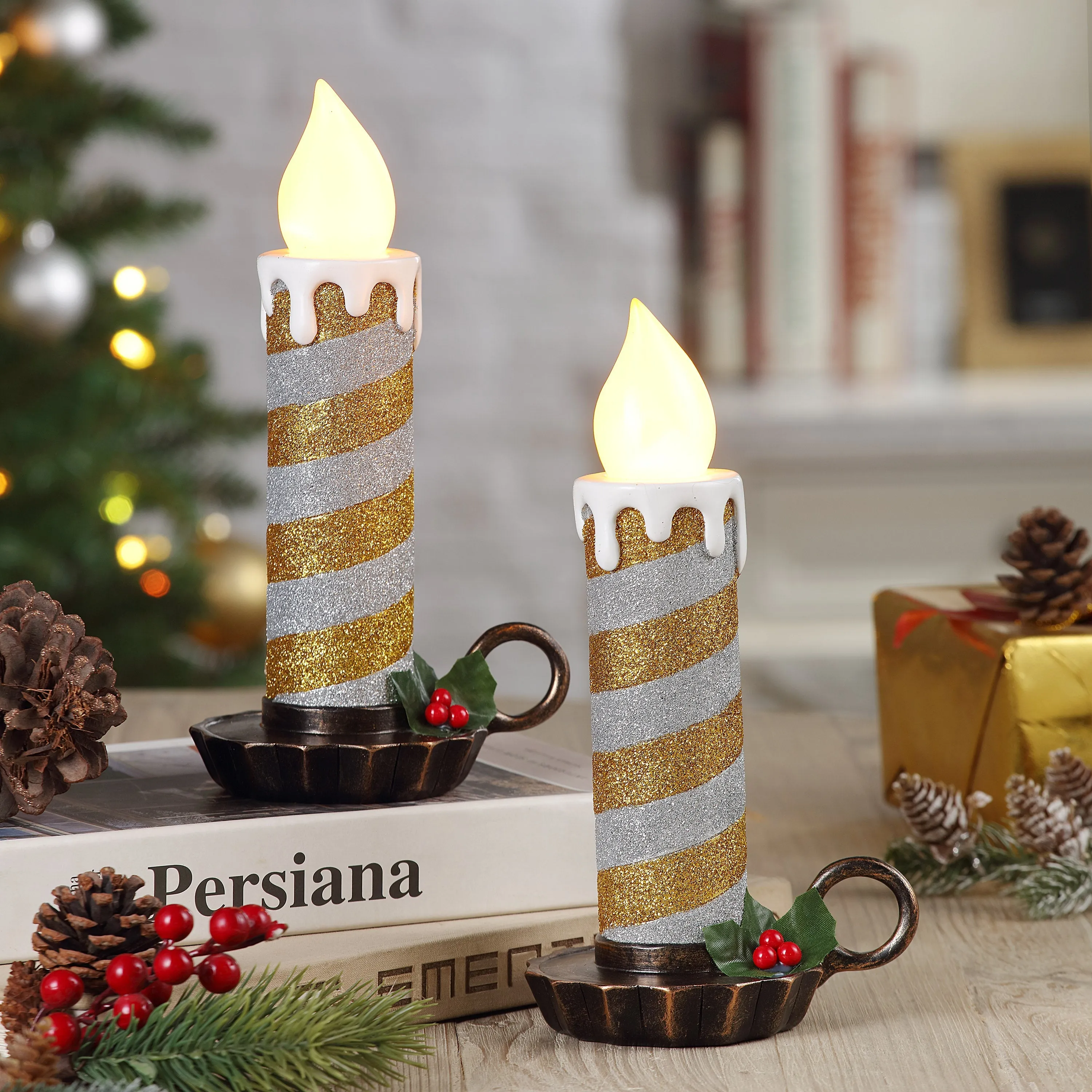 10 in. Set of 2 Flickering LED Striped Candles - Gold and Silver