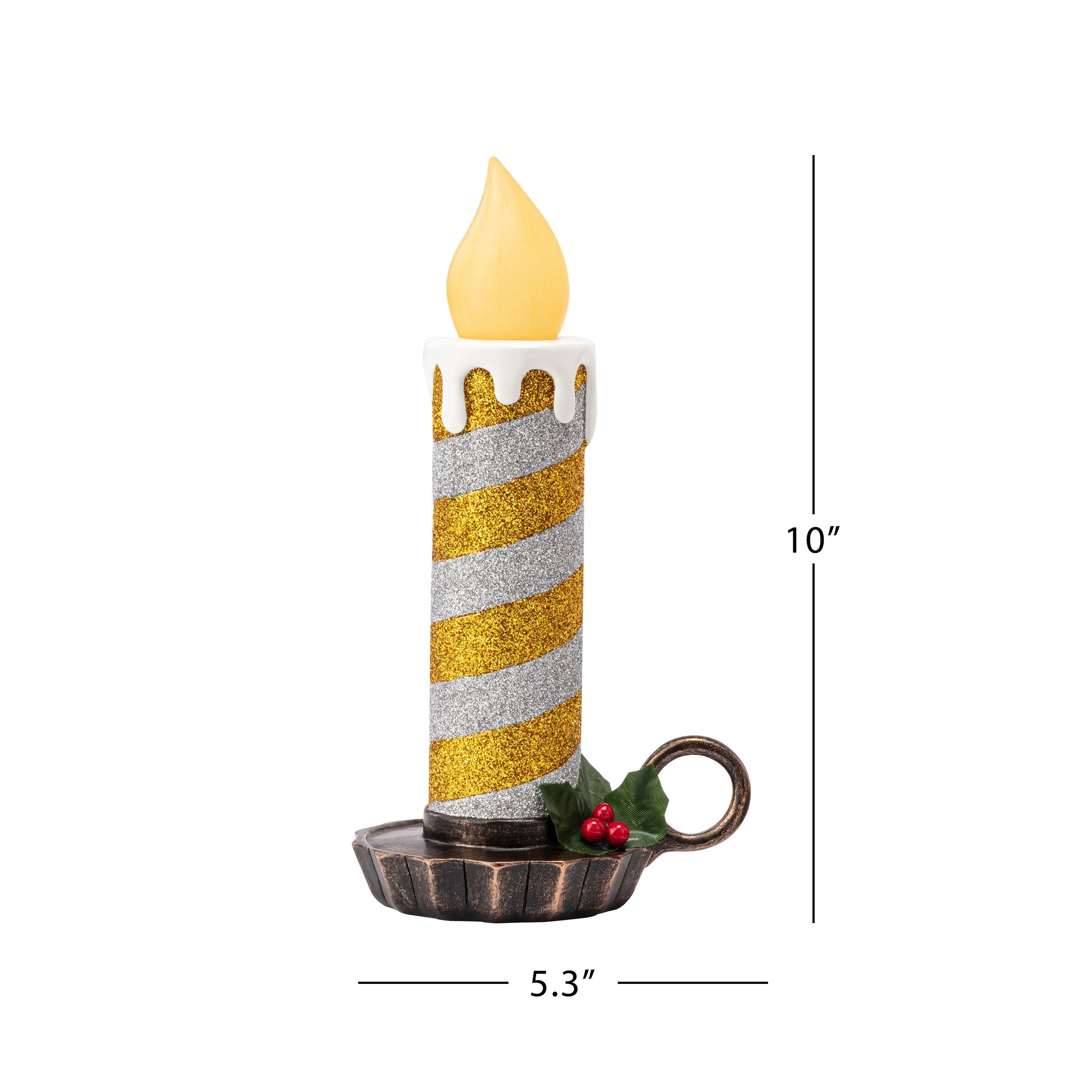 10 in. Set of 2 Flickering LED Striped Candles - Gold and Silver