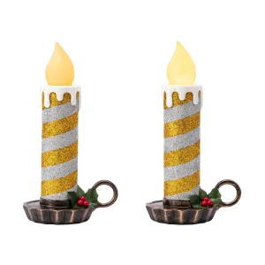 10 in. Set of 2 Flickering LED Striped Candles - Gold and Silver