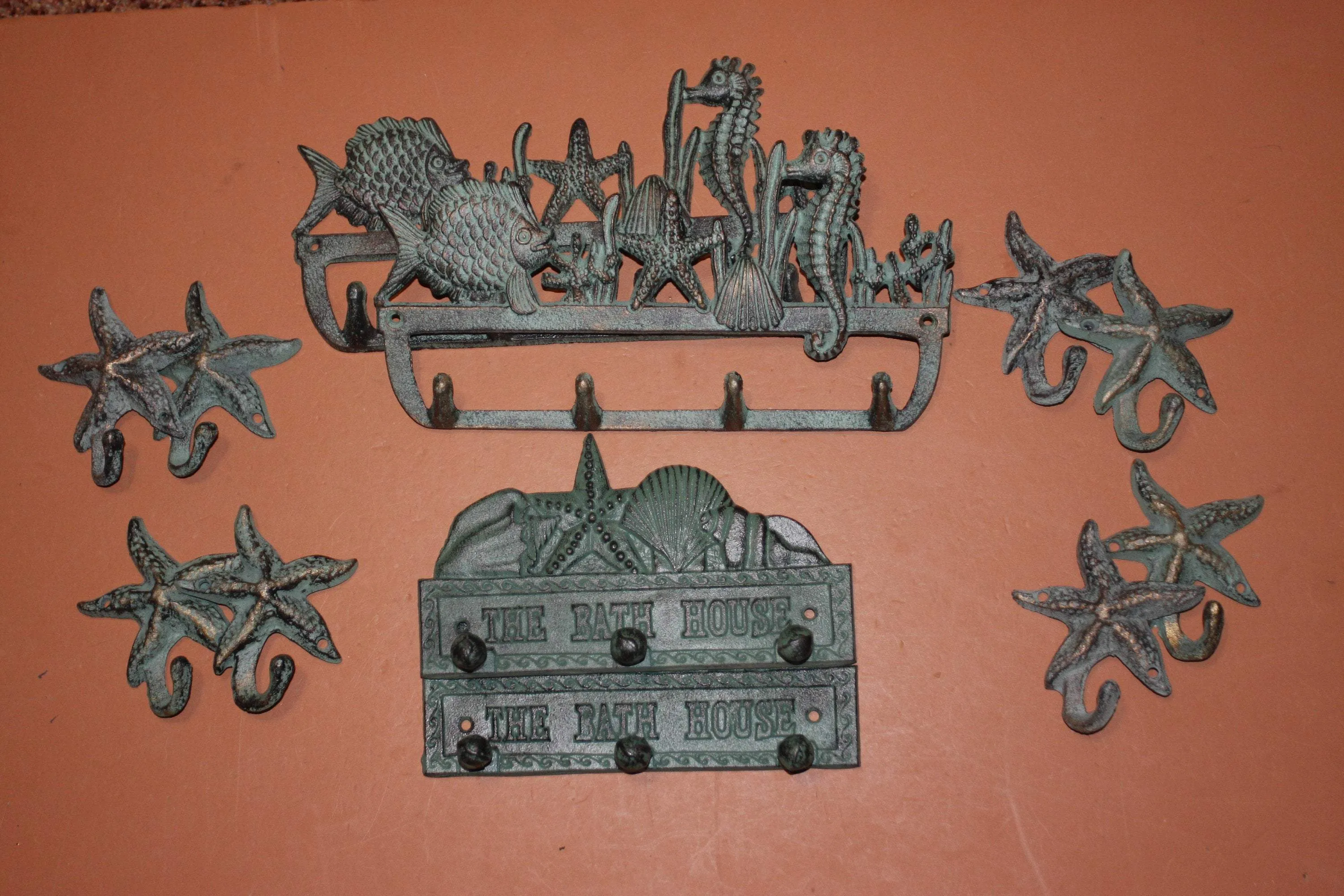12) Beach House Bathroom Decor, Bronze Look Cast Iron Towel Wall Hooks, Sea Breeze