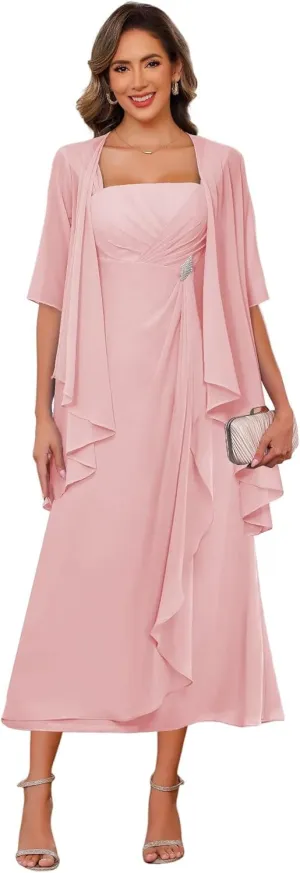 2 Piece Chiffon Mother of The Bride Dresses with Jacket Ruffle Formal Evening Dress VS179