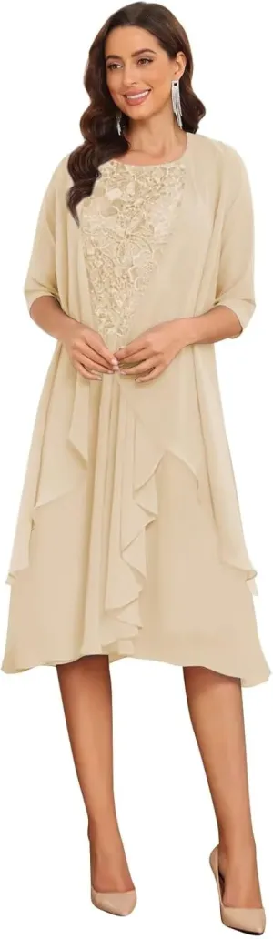 2 Piece Mother of The Bride Dresses for Wedding with Jacket Ruffle Formal Dress Chiffon Lace Appliques Evening Gown
