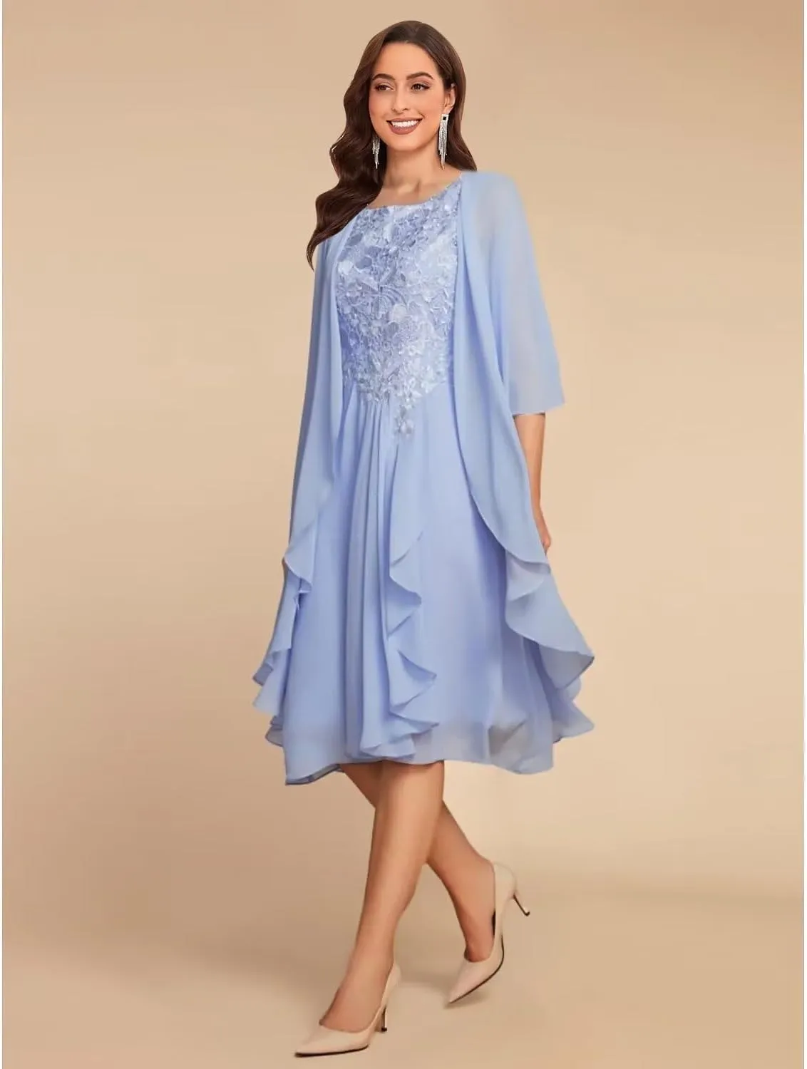 2 Piece Mother of The Bride Dresses for Wedding with Jacket Ruffle Formal Dress Chiffon Lace Appliques Evening Gown
