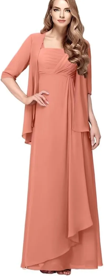 2 Piece Mother of The Bride Dresses with Jacket Chiffon Ruffle Wedding Mother of Groom Long Evening Gowns Half Sleeve