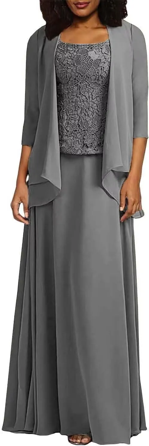 2 Pieces Mother of Bride Dresses with Jacket for Wedding Long Chiffon Formal Evening Gowns for Women PG029