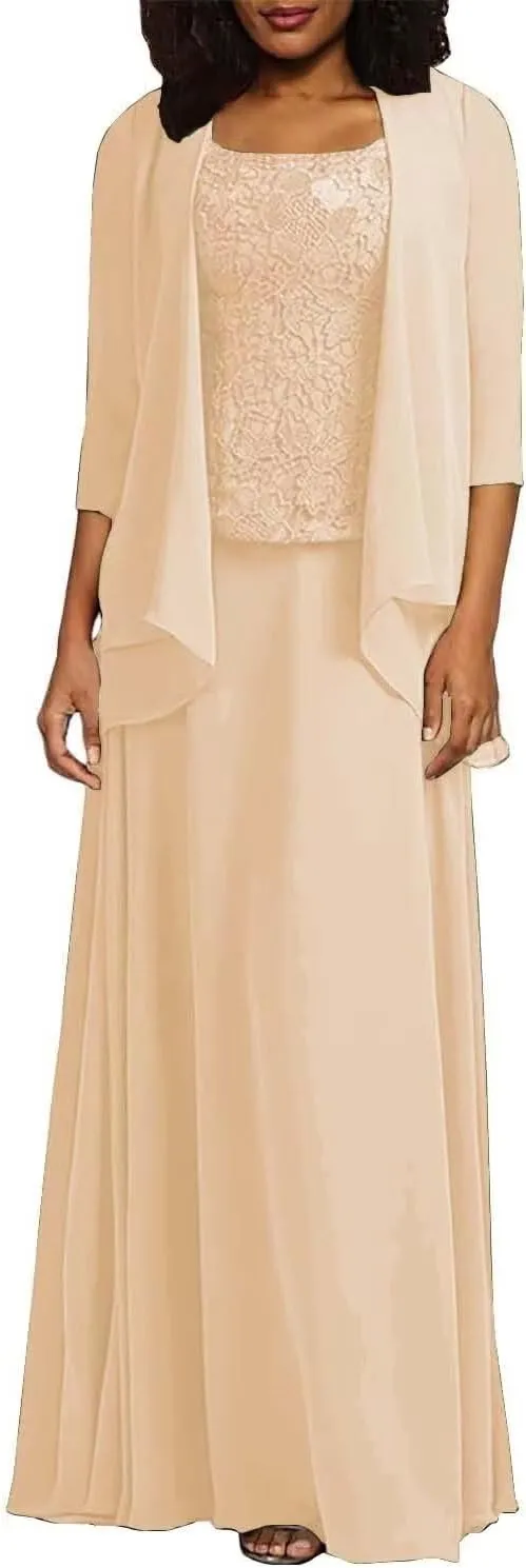 2 Pieces Mother of Bride Dresses with Jacket for Wedding Long Chiffon Formal Evening Gowns for Women PG029