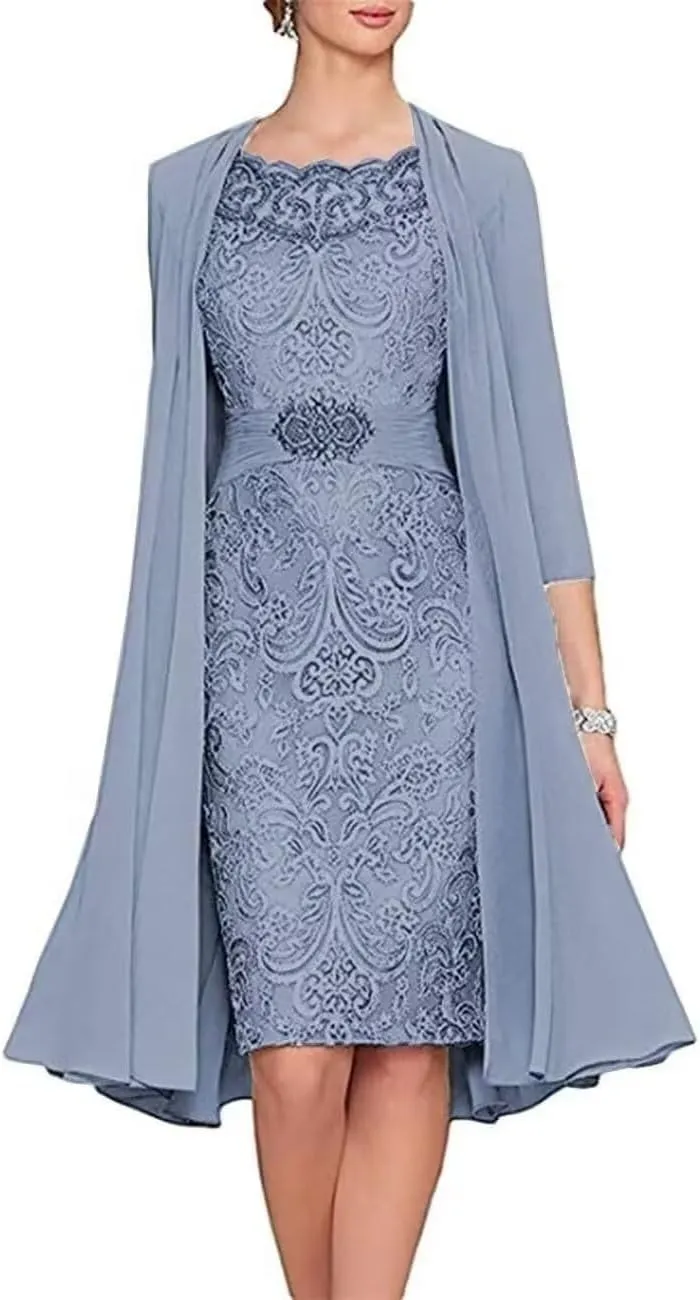 2 Pieces Mother of The Bride Dresses for Wedding Tea Length Scoop Neck Beaded Lace Formal Evening Gowns with Jacket