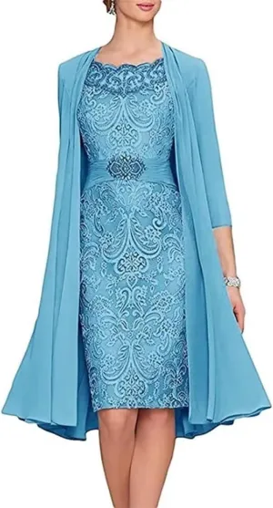 2 Pieces Mother of The Bride Dresses for Wedding Tea Length Scoop Neck Beaded Lace Formal Evening Gowns with Jacket