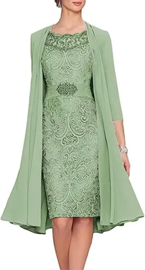 2 Pieces Mother of The Bride Dresses for Wedding Tea Length Scoop Neck Beaded Lace Formal Evening Gowns with Jacket