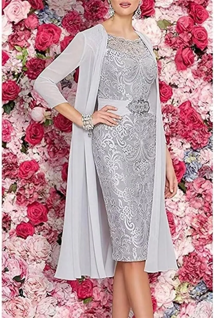2 Pieces Mother of The Bride Dresses for Wedding Tea Length Scoop Neck Beaded Lace Formal Evening Gowns with Jacket