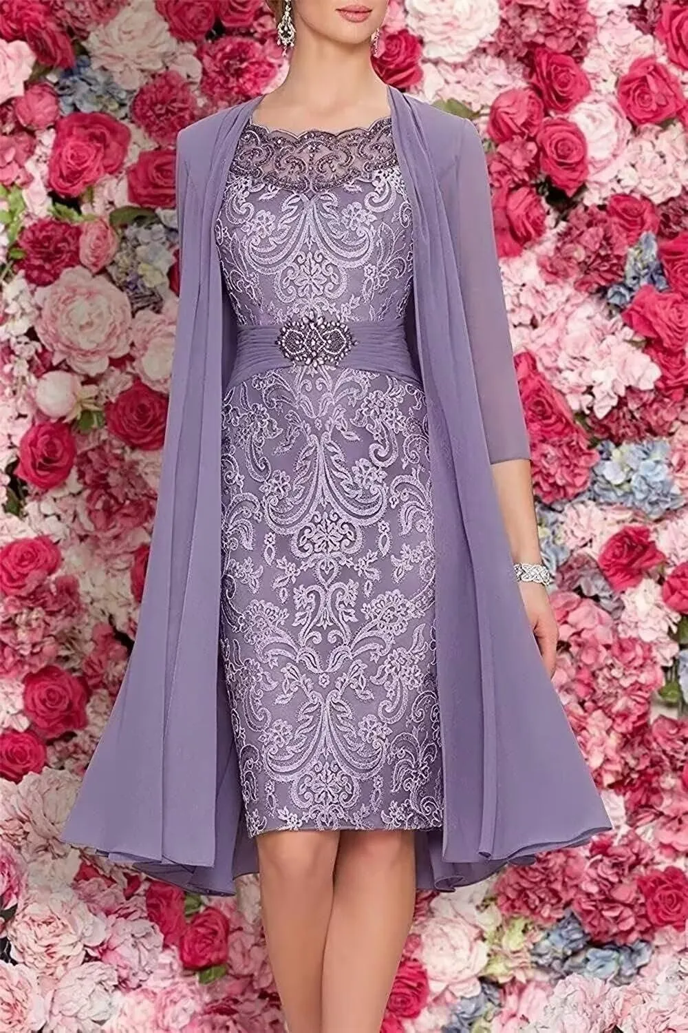 2 Pieces Mother of The Bride Dresses for Wedding Tea Length Scoop Neck Beaded Lace Formal Evening Gowns with Jacket