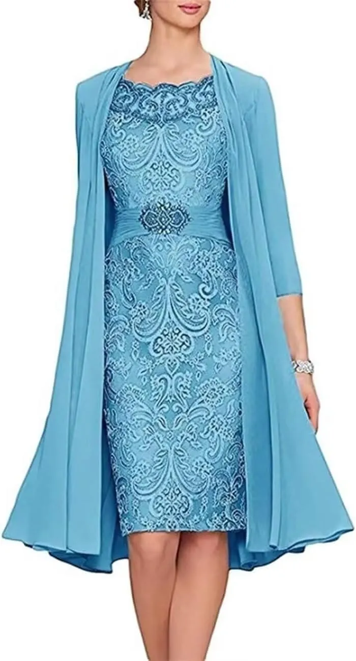 2 Pieces Mother of The Bride Dresses for Wedding Tea Length Scoop Neck Beaded Lace Formal Evening Gowns with Jacket