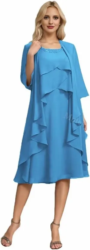 2 Pieces Mother of The Bride Dresses for Wedding Tiered Beaded Chiffon Midi Formal Evening Gowns with Jacket