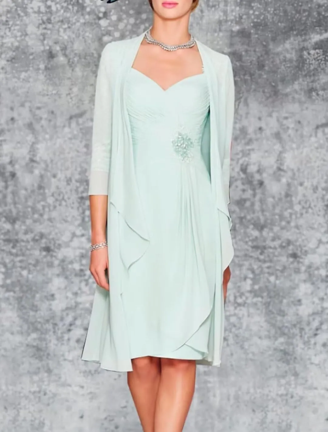 2 Pieces Mother of The Bride Dresses with Jacket 3/4 Sleeve Chiffon Lace Appliques Tea Length Formal Evening Gowns