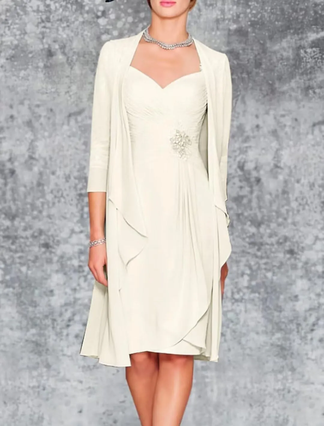 2 Pieces Mother of The Bride Dresses with Jacket 3/4 Sleeve Chiffon Lace Appliques Tea Length Formal Evening Gowns