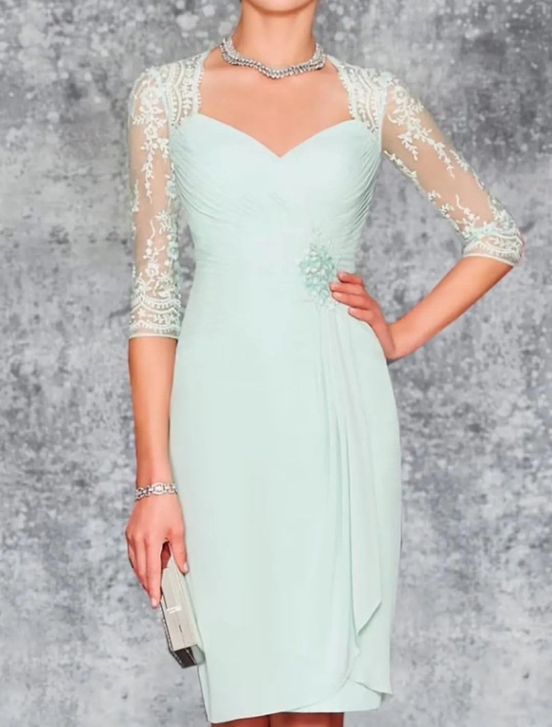 2 Pieces Mother of The Bride Dresses with Jacket 3/4 Sleeve Chiffon Lace Appliques Tea Length Formal Evening Gowns