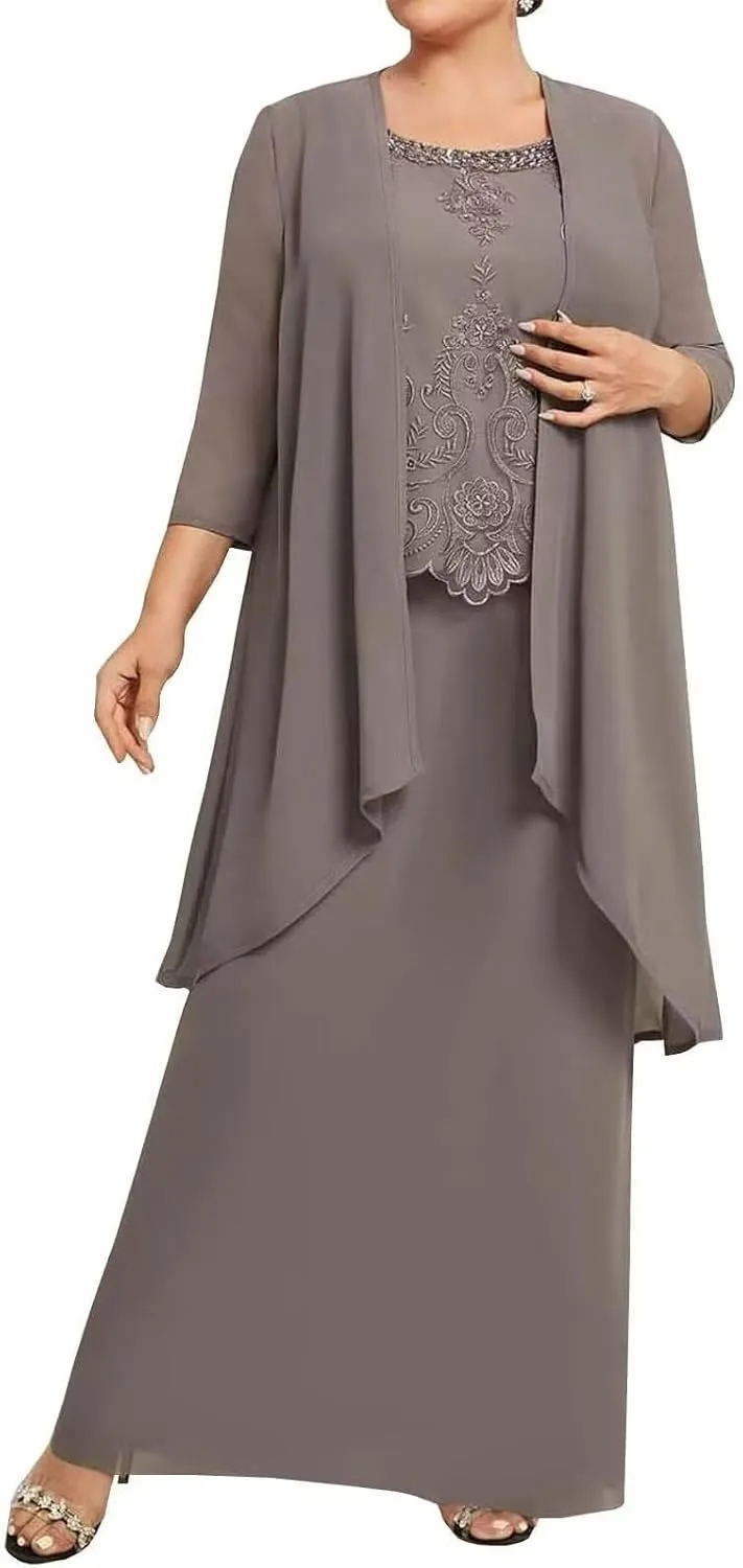 2 Pieces Mother of The Bride Dresses with Jacket for Wedding Plus Size Long Sleeve Formal Evening Gowns PG034