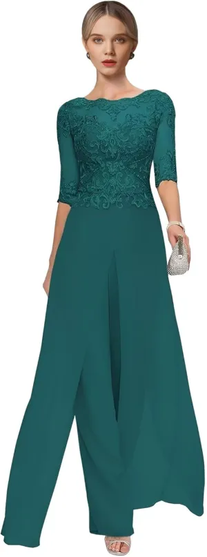 2 Pieces Mother of The Bride Pant Suits for Wedding Lace Chiffon Pantsuit for Women Dressy Casual