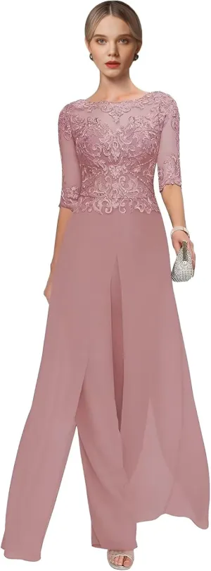 2 Pieces Mother of The Bride Pant Suits for Wedding Lace Chiffon Pantsuit for Women Dressy Casual