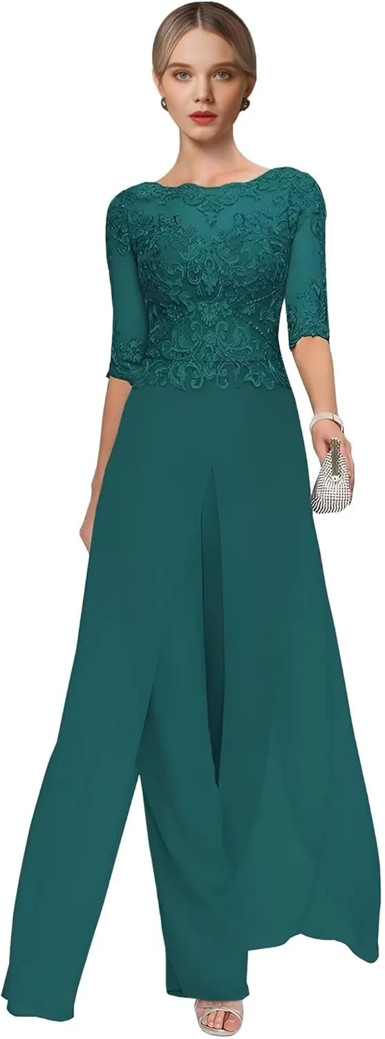 2 Pieces Mother of The Bride Pant Suits for Wedding Lace Chiffon Pantsuit for Women Dressy Casual