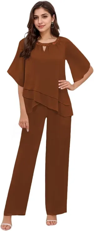 2 Pieces Mother of The Bride Pant Suits for Women Dressy Chiffon Pant Suits for Women Dressy Wedding Guest