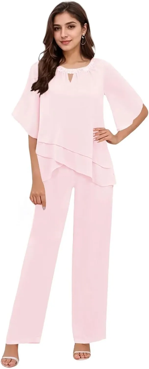 2 Pieces Mother of The Bride Pant Suits for Women Dressy Chiffon Pant Suits for Women Dressy Wedding Guest