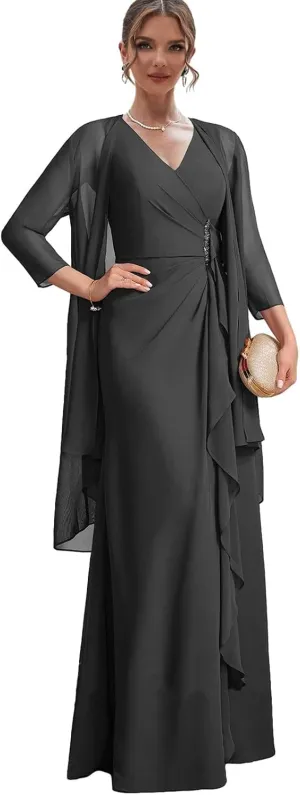 2 Pieces Mother of TheBride Dresses Wedding Long Dress with Jacket and Chiffon Evening Gown
