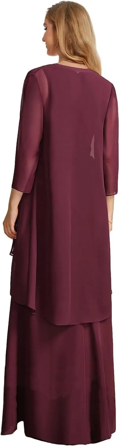 2 Pieces Mother of TheBride Dresses Wedding Long Dress with Jacket and Chiffon Evening Gown