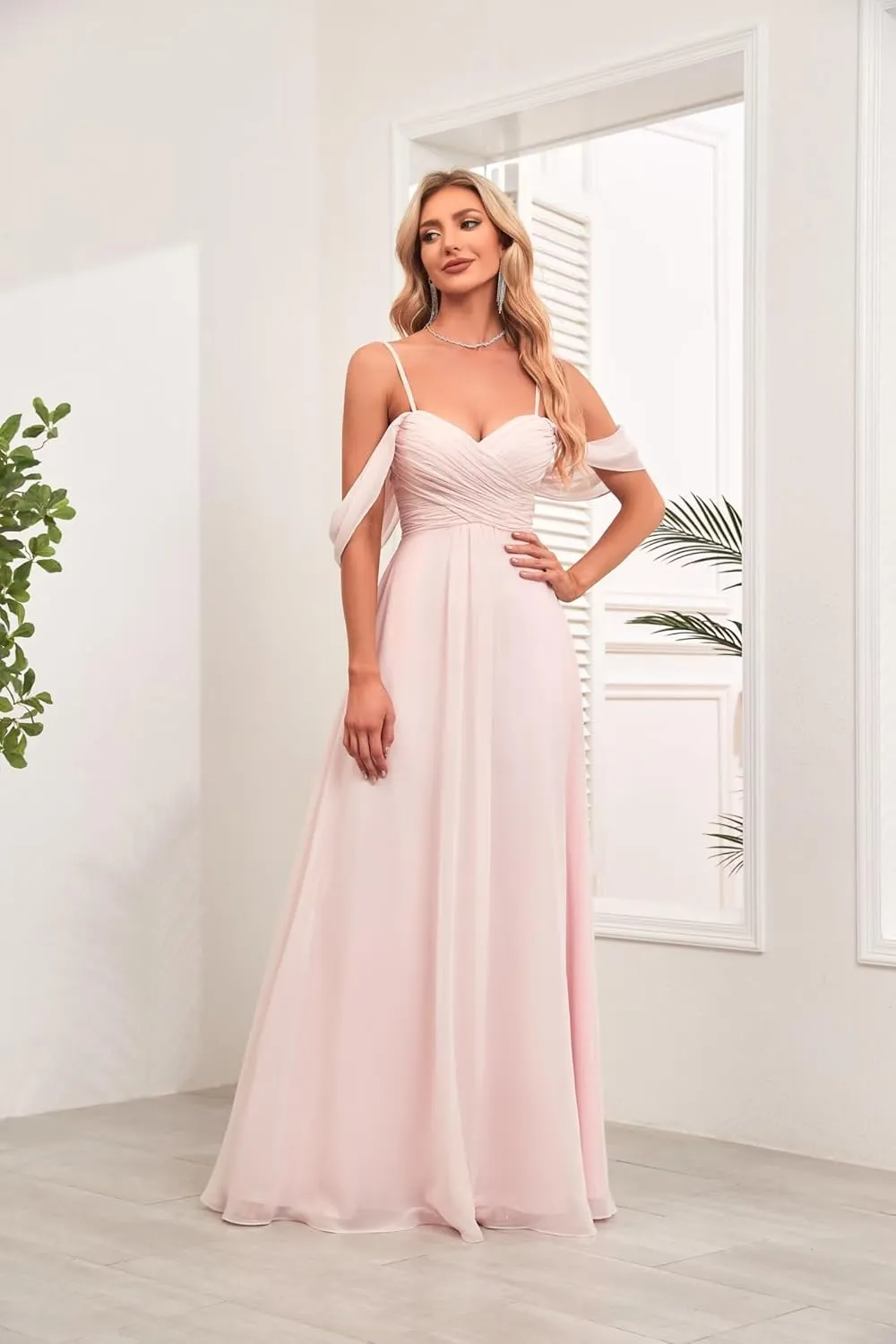 2023 Womens Off The Shoulder Bridesmaid Dresses with Pockets Pleated Chiffon Slit Formal Evening Gowns for Wedding.