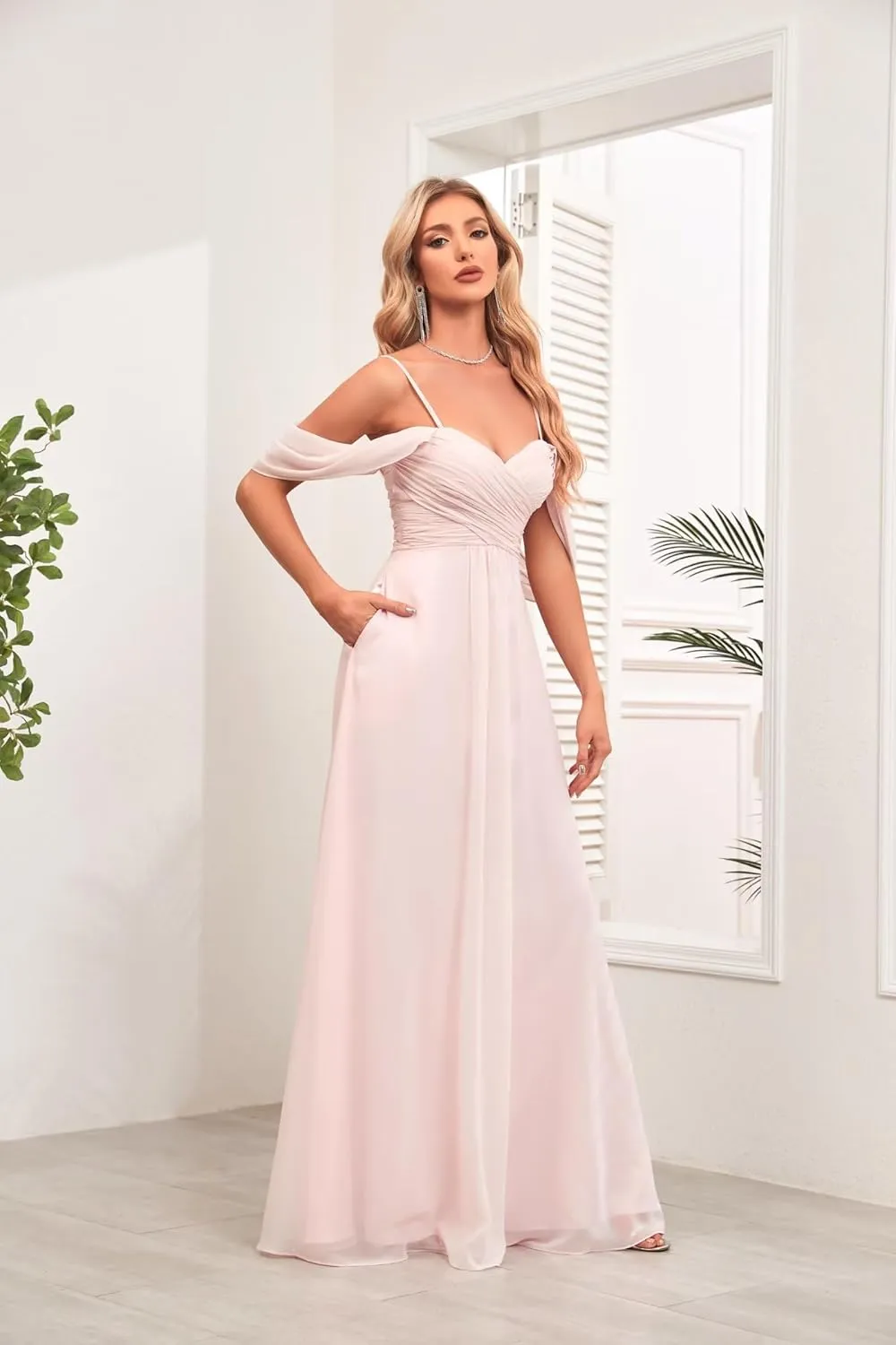 2023 Womens Off The Shoulder Bridesmaid Dresses with Pockets Pleated Chiffon Slit Formal Evening Gowns for Wedding.