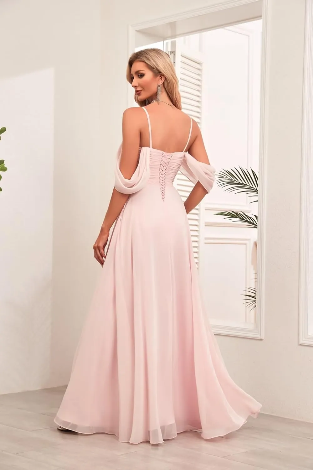 2023 Womens Off The Shoulder Bridesmaid Dresses with Pockets Pleated Chiffon Slit Formal Evening Gowns for Wedding.