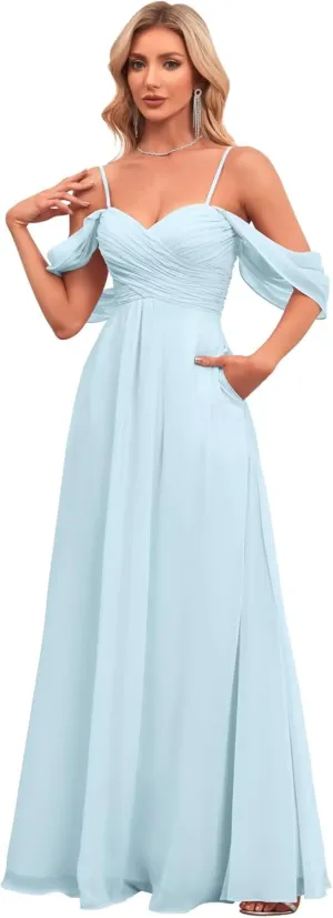 2023 Womens Off The Shoulder Bridesmaid Dresses with Pockets Pleated Chiffon Slit Formal Evening Gowns for Wedding.