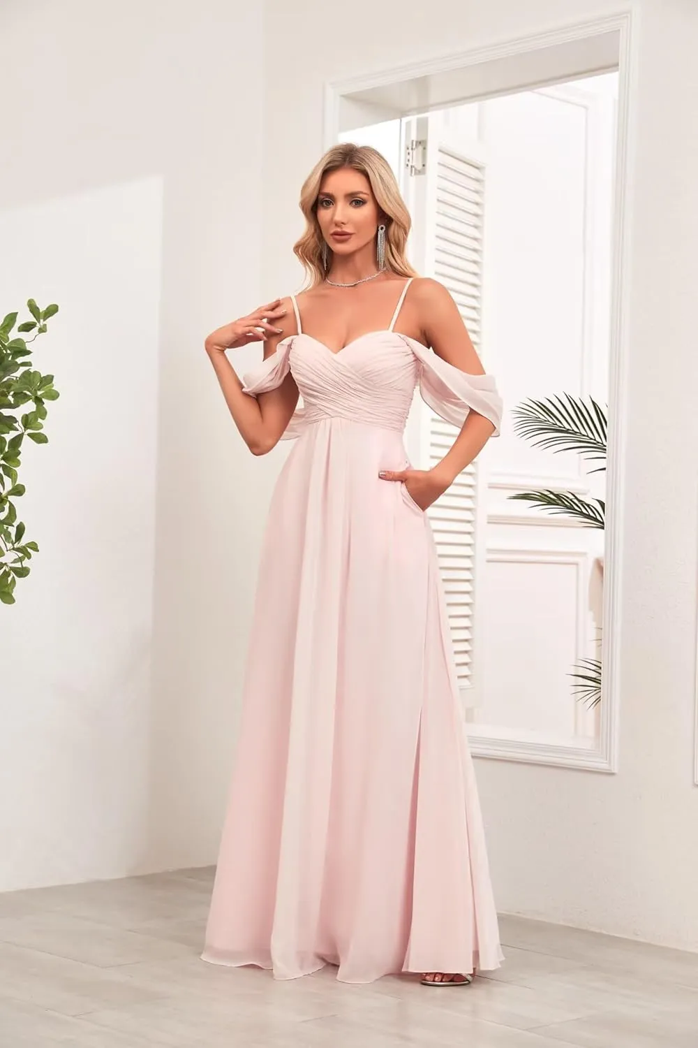 2023 Womens Off The Shoulder Bridesmaid Dresses with Pockets Pleated Chiffon Slit Formal Evening Gowns for Wedding.