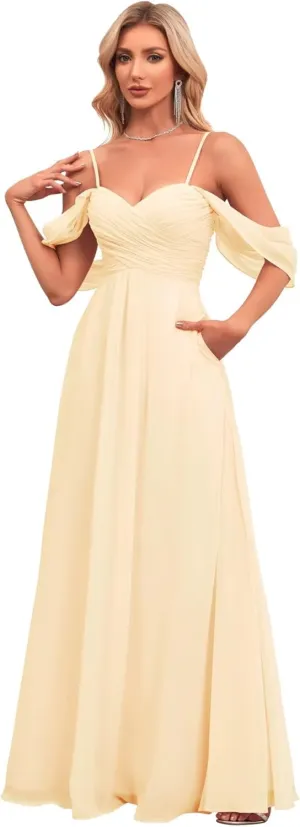 2023 Womens Off The Shoulder Bridesmaid Dresses with Pockets Pleated Chiffon Slit Formal Evening Gowns for Wedding.