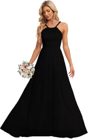 2024 Womens Halter Bridesmaid Wedding Guests Dresses Long A-Line Chiffon Prom Dresses