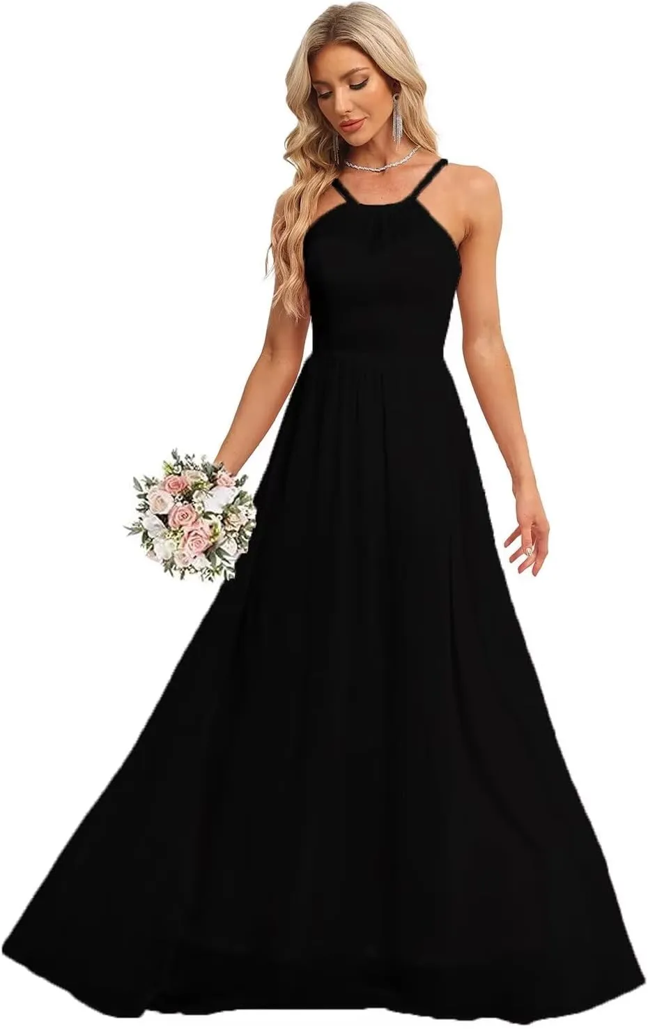 2024 Womens Halter Bridesmaid Wedding Guests Dresses Long A-Line Chiffon Prom Dresses