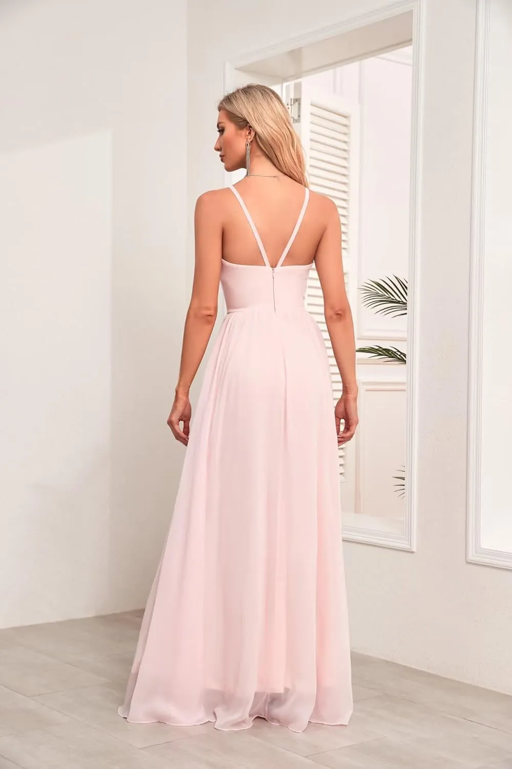 2024 Womens Halter Bridesmaid Wedding Guests Dresses Long A-Line Chiffon Prom Dresses