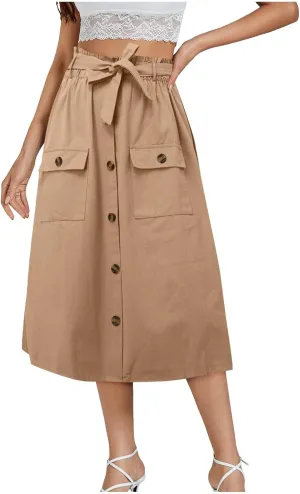 2024 Women's Skirts Summer New Literary Solid Color Button Midi Skirt Women's Woman Elastic Waist Cotton Linen A