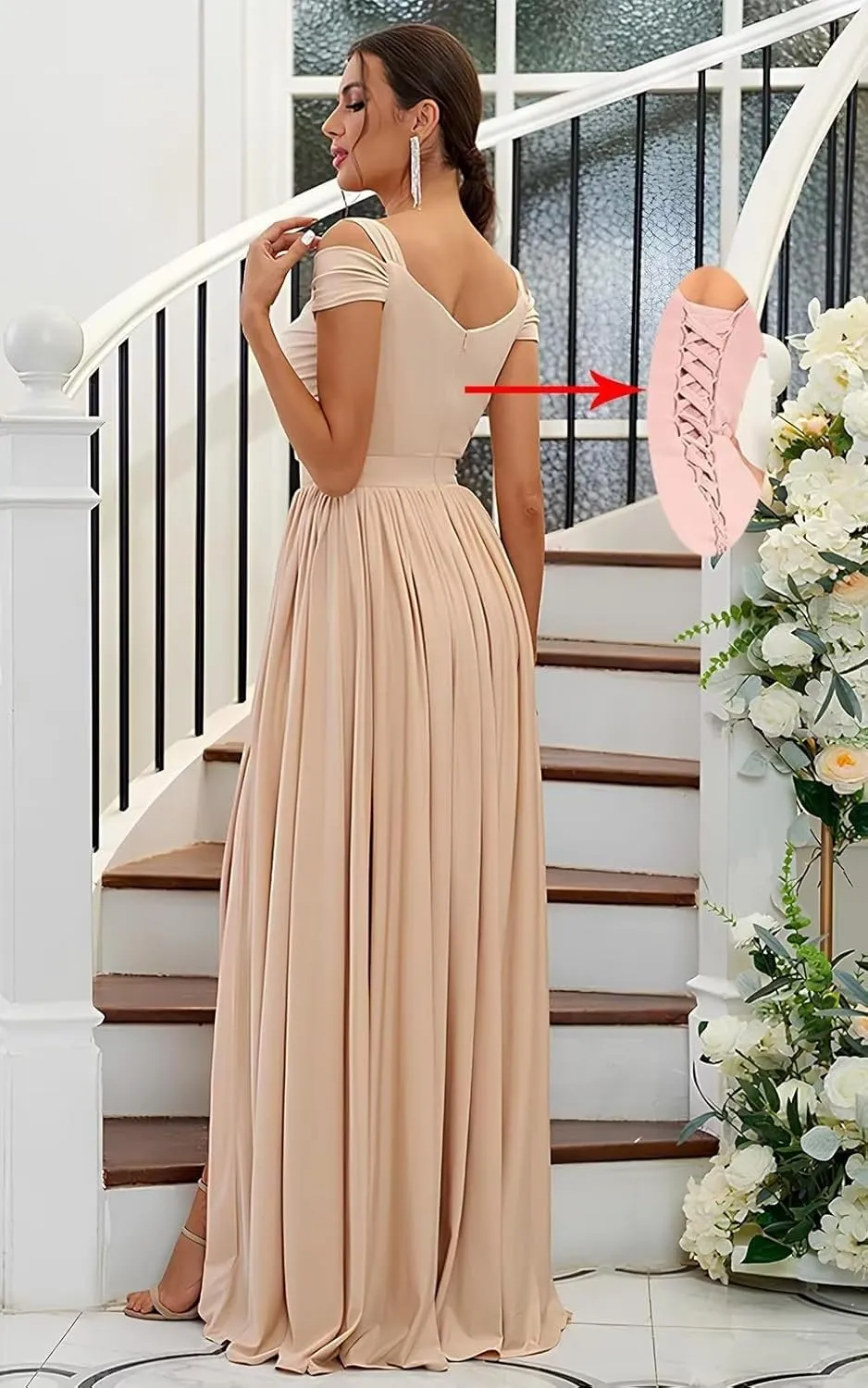2025 Womens Off The Shoulder Bridesmaid Dresses with Pockets Pleated Chiffon Slit Formal Evening Gowns for Wedding.