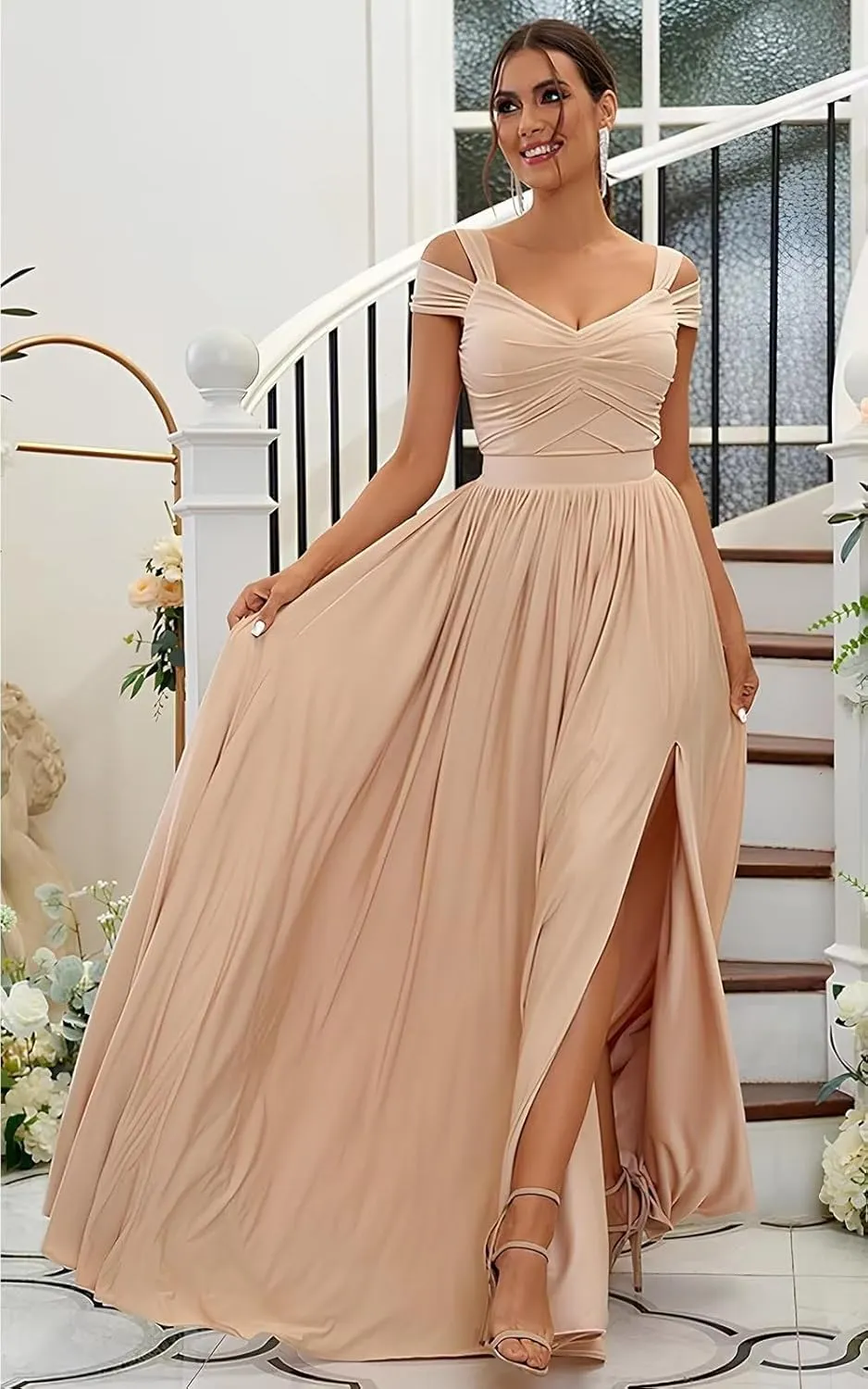 2025 Womens Off The Shoulder Bridesmaid Dresses with Pockets Pleated Chiffon Slit Formal Evening Gowns for Wedding.