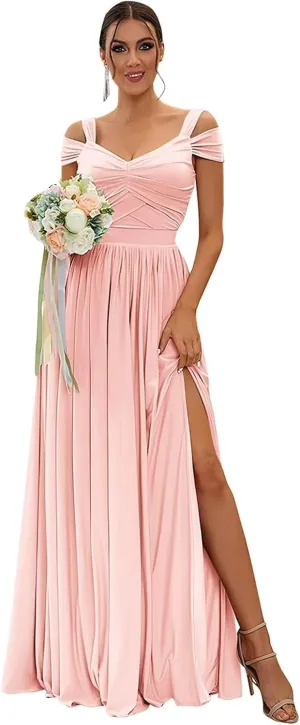2025 Womens Off The Shoulder Bridesmaid Dresses with Pockets Pleated Chiffon Slit Formal Evening Gowns for Wedding.