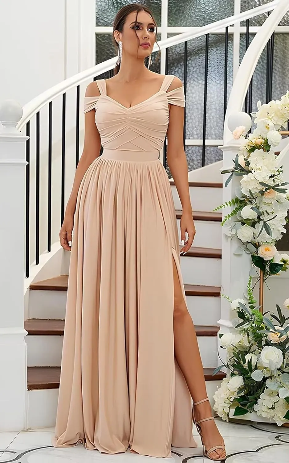 2025 Womens Off The Shoulder Bridesmaid Dresses with Pockets Pleated Chiffon Slit Formal Evening Gowns for Wedding.