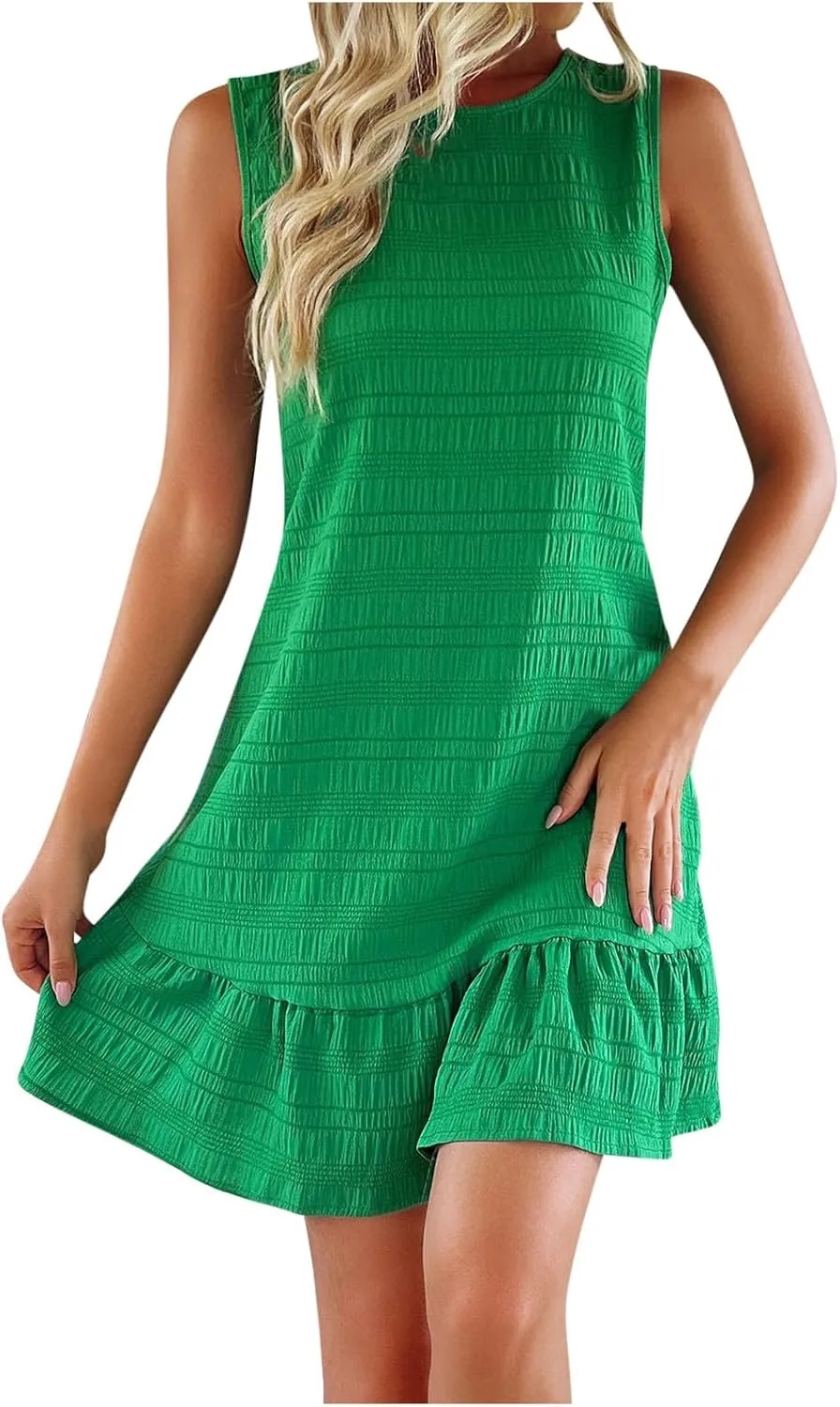 2025 Womens Summer Dresses Casual Ruffle Short Sleeve Smocked V Neck Dress Loose A-Line Swing Mini Dress Sundress
