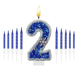 2.6" Large Blue Diamonds Snow Flakes Birthday Candles 2nd,Snowflake Cake Toppers,Numeral Candle Party Wedding Anniversary Frozen Cake Decorations (2)
