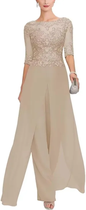2Pcs Mother of The Bride Jumpsuit for Wedding Lace Applique Chiffon Formal Wedding Guest Dresses