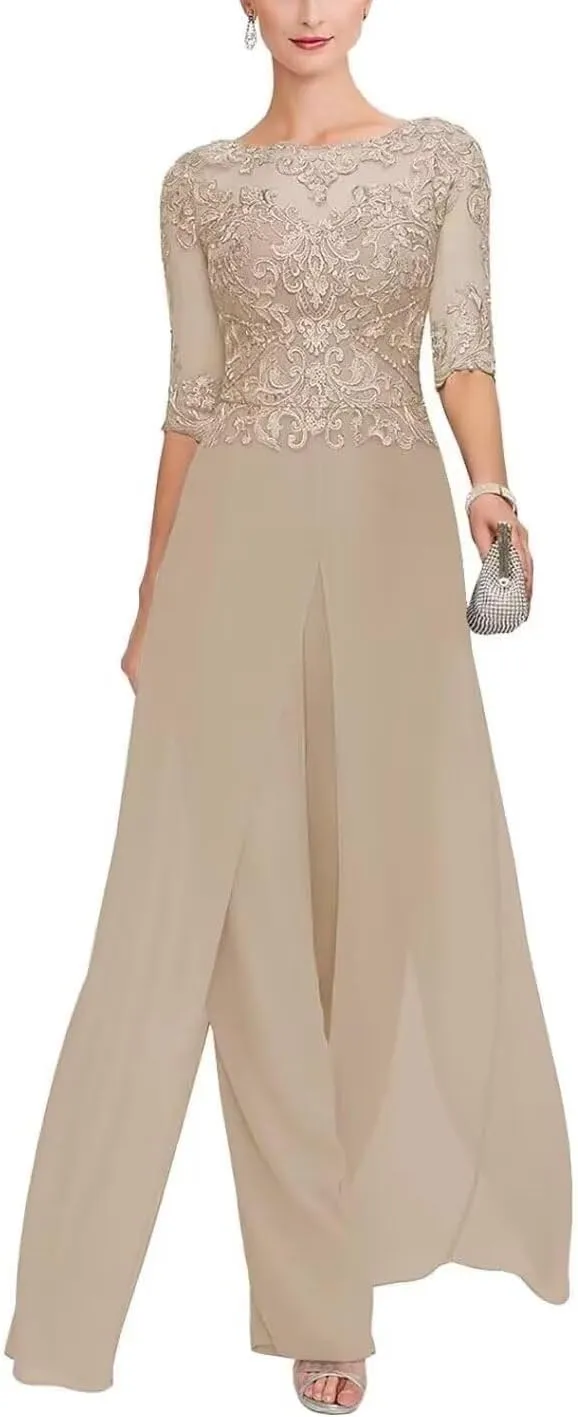 2Pcs Mother of The Bride Jumpsuit for Wedding Lace Applique Chiffon Formal Wedding Guest Dresses