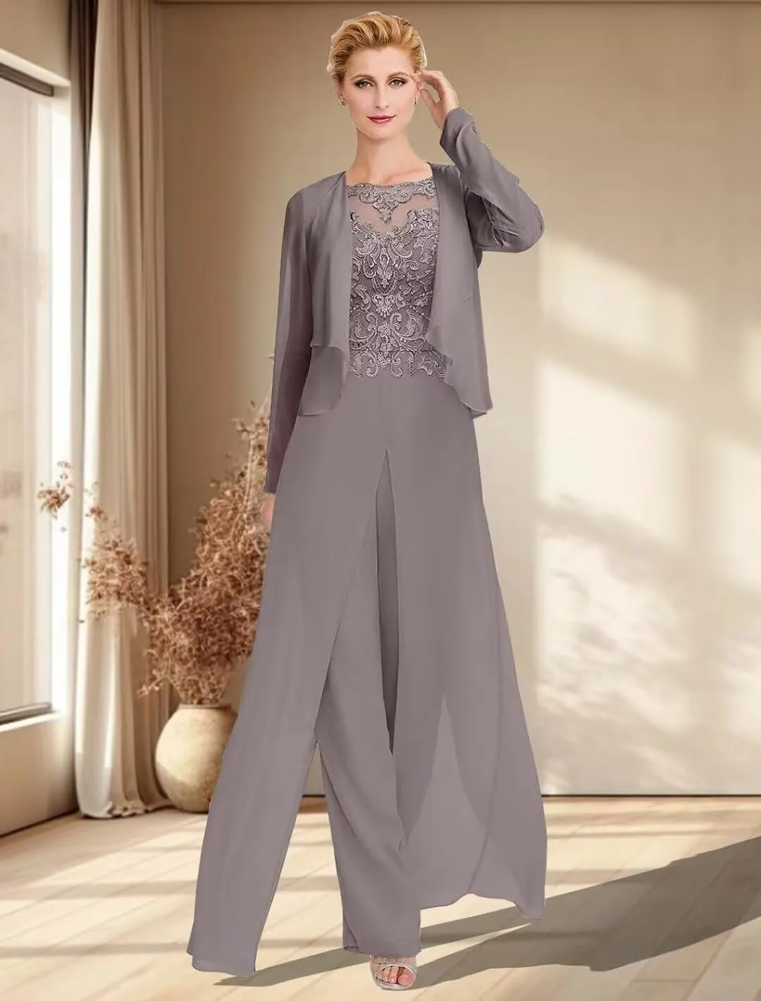 2Pcs Mother of The Bride Jumpsuit for Wedding Lace Applique Chiffon Formal Wedding Guest Dresses