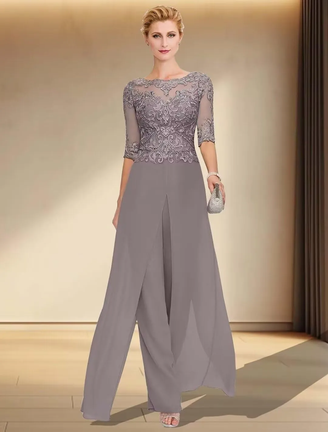 2Pcs Mother of The Bride Jumpsuit for Wedding Lace Applique Chiffon Formal Wedding Guest Dresses