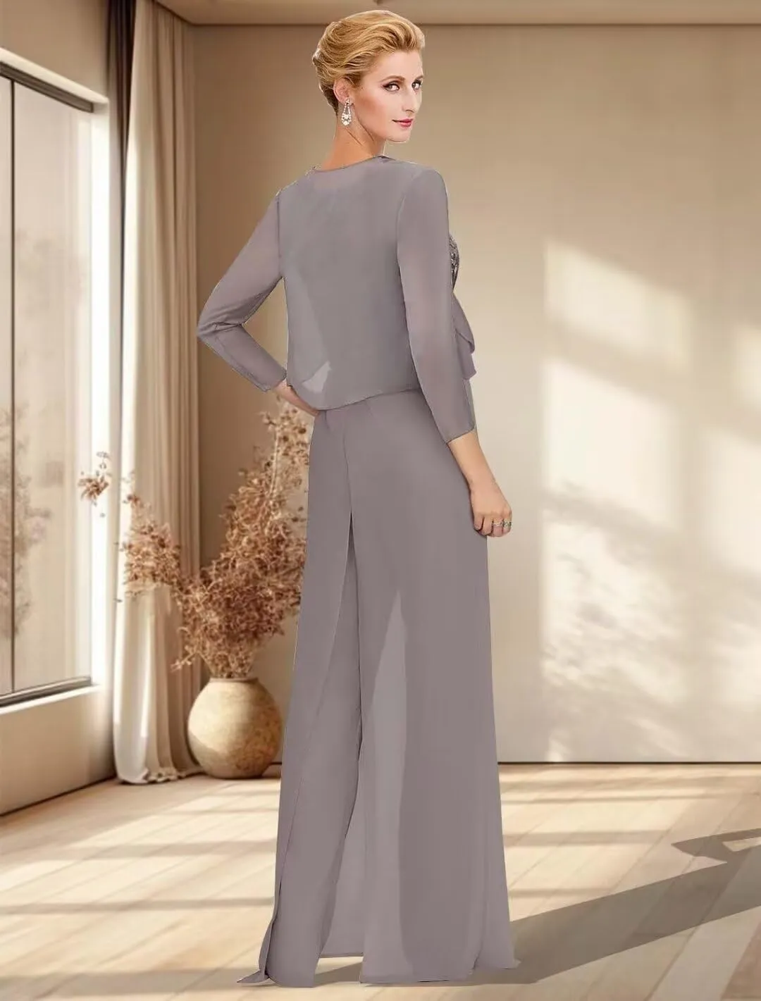 2Pcs Mother of The Bride Jumpsuit for Wedding Lace Applique Chiffon Formal Wedding Guest Dresses