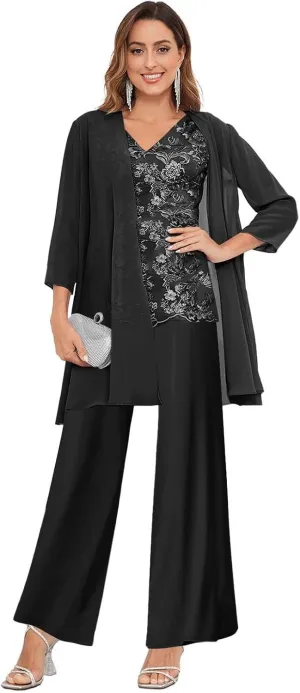 3 Pieces Mother of The Bride Pant Suits for Wedding Lace Chiffon Formal Evening Gowns with Jacket